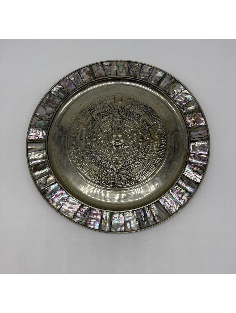 Aztec Calendar Plate Mother of Pearl Abalone Inlay Mexico Alpaca German Silver